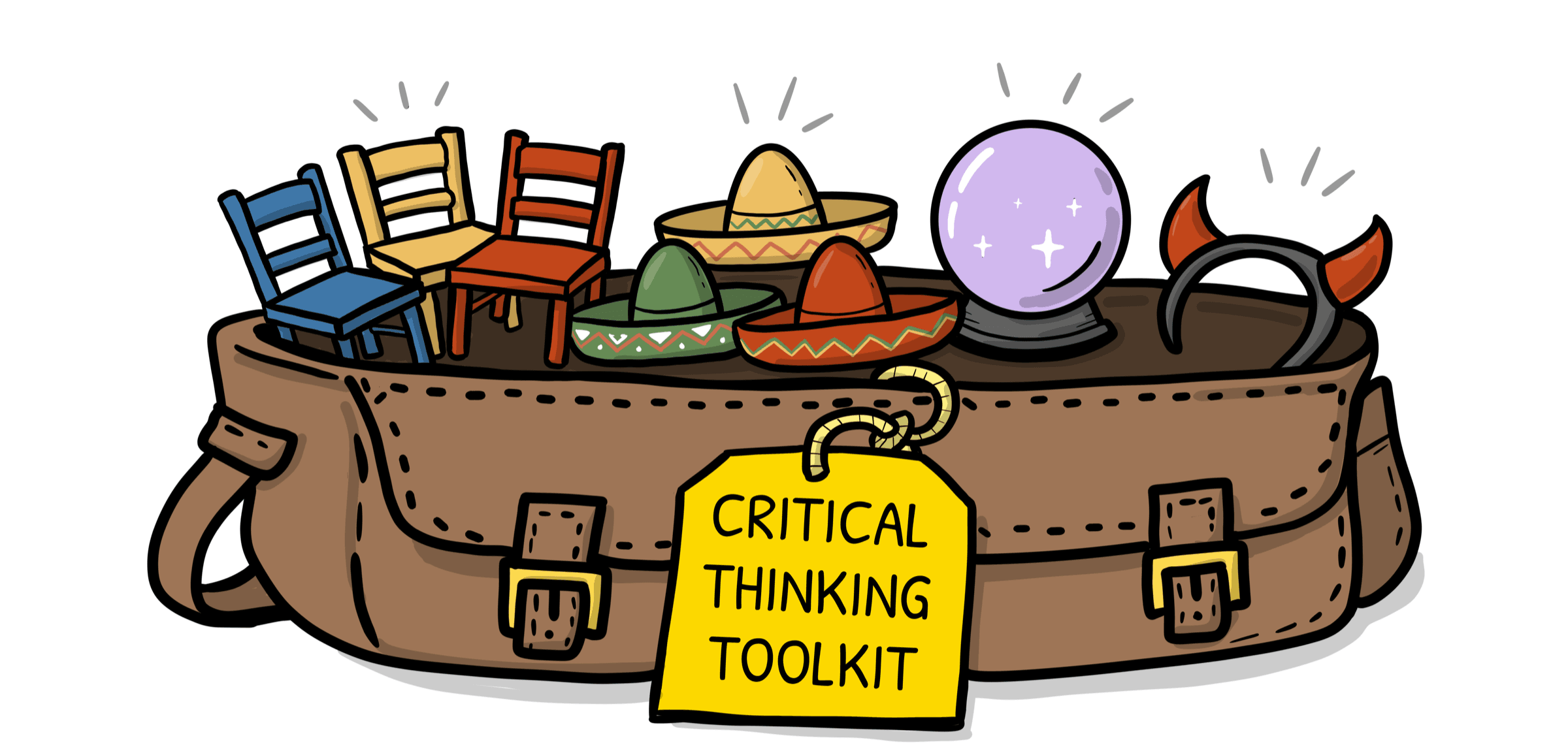 A briefcase labelled Critical Thinking Toolkit packed with chairs, sombreros, a crystal ball and devil horns