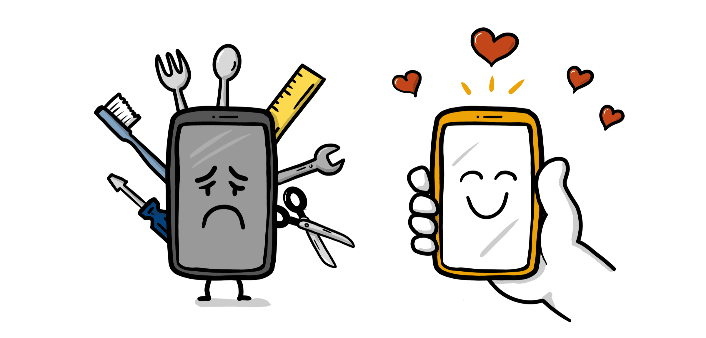 A sad multi-tool phone trying to do everything, next to a happy phone that just does one thing well