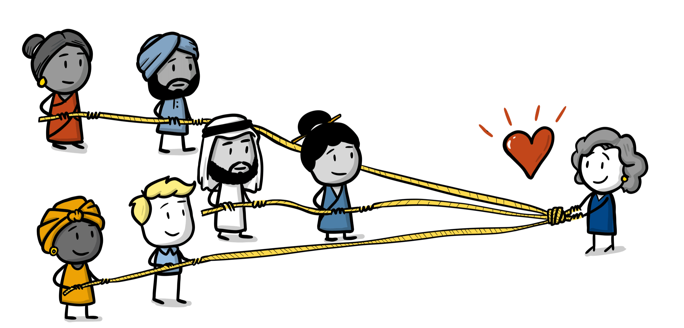 A diverse group of people holding ropes that converge on one person, with a heart above